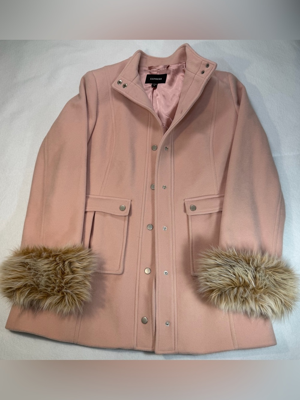 Express Pink Wool Cashmere Coat Womens 14 Faux Fur Cuffs Y2K Blush Jacket